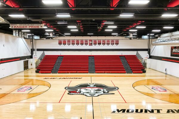 Renovated bleachers at Mount Ayer gymnasium in Central Iowa.