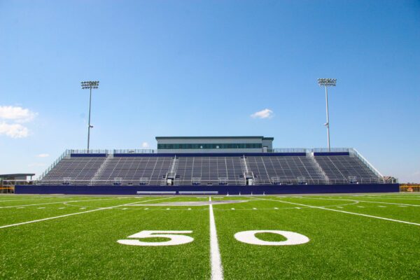 Football field bleachers at North Liberty High School locate in Central Iowa.